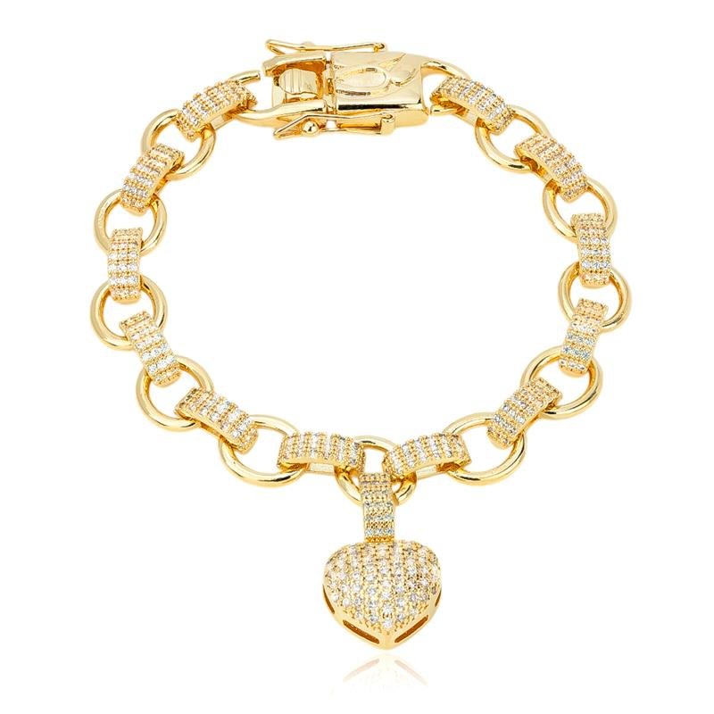 PULSEIRA FOLHEADA PINGENTE CORAÇÃO CRAVEJADO 