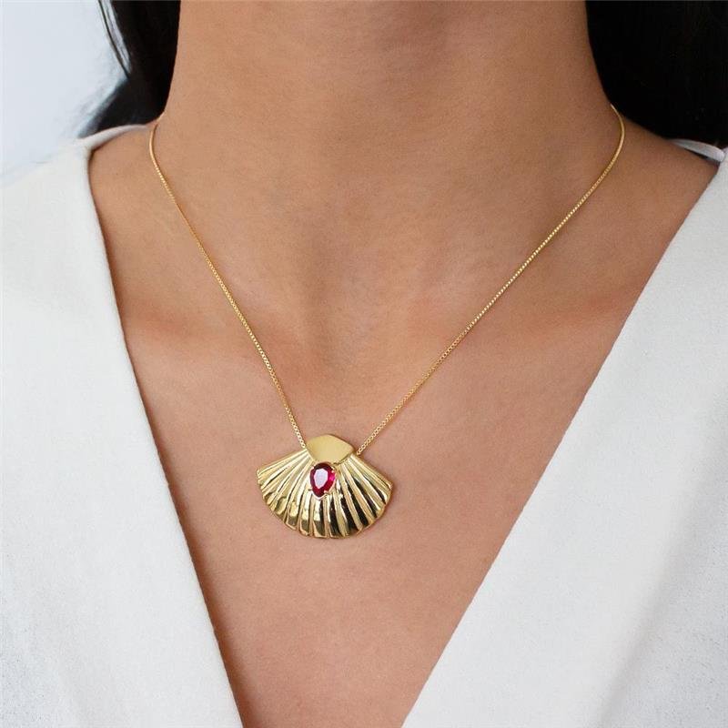 GARGANTILHA FOLHEADA CONCHA DETALHADA PEDRA GOTA VERMELHA