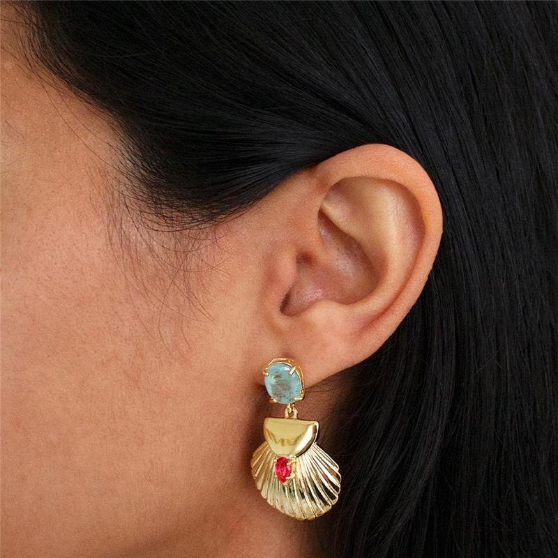 BRINCO FOLHEADO CONCHA DETALHADA PEDRA CIRCULAR AZUL