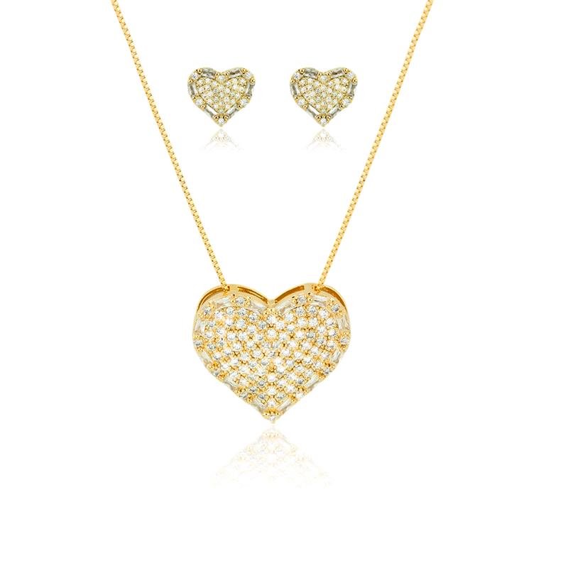 CONJUNTO FOLHEADO CORAÇÃO ZIRCÔNIA