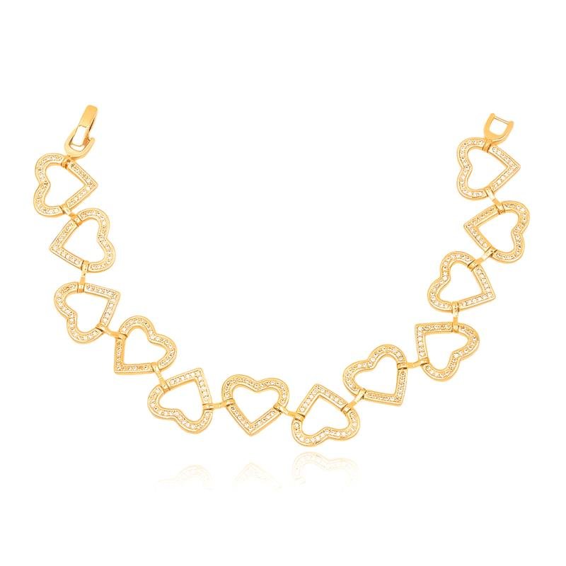 PULSEIRA FOLHEADA CRAVEJADA CORAÇÃO ZIRCÔNIA E 18 CM
