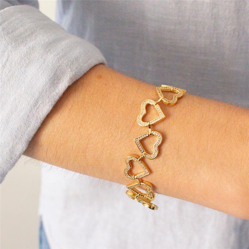 PULSEIRA FOLHEADA CRAVEJADA CORAÇÃO ZIRCÔNIA E 18 CM