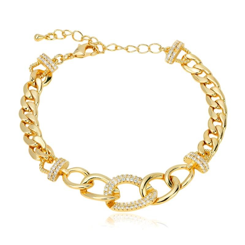 PULSEIRA FOLHEADA ELOS COM DETALHES CRAVEJADOS COM ZIRCÔNIA 