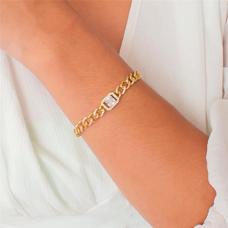 PULSEIRA FOLHEADA COM PEDRA E DETALHES CRAVEJADOS 