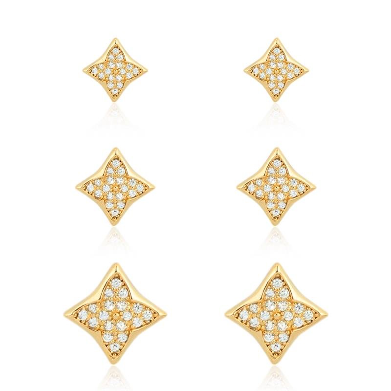 TRIO DE BRINCO FLOR CRAVEJADO 
