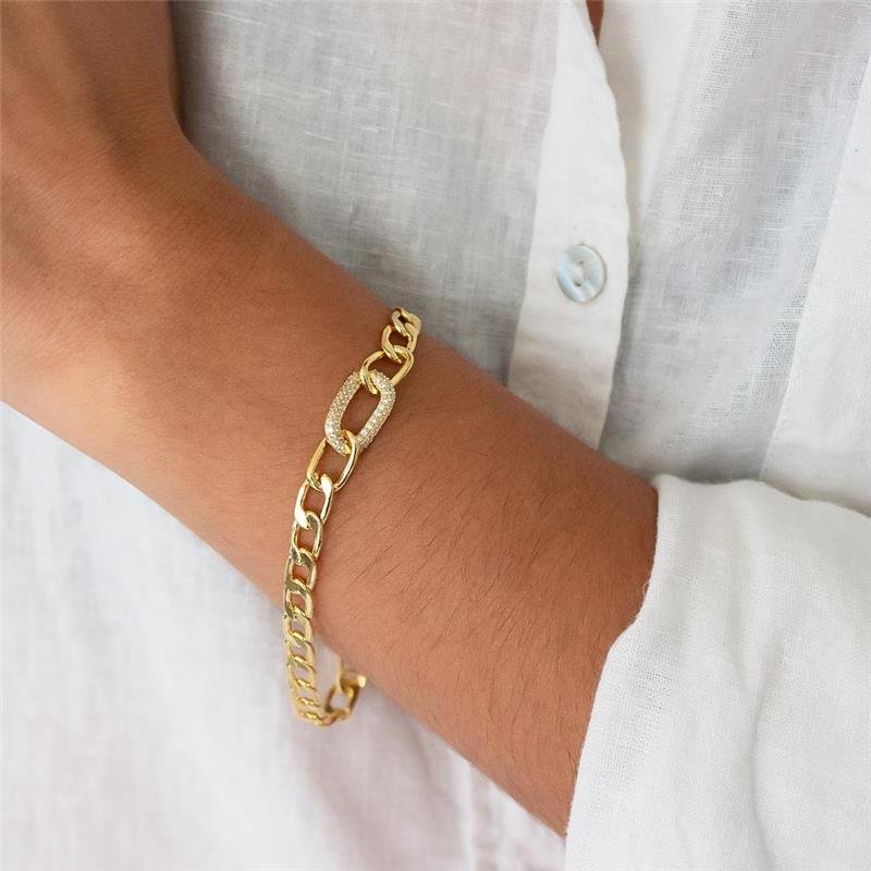 PULSEIRA FOLHEADA ZIRCÔNIA ELO OVAL CRAVEJADO