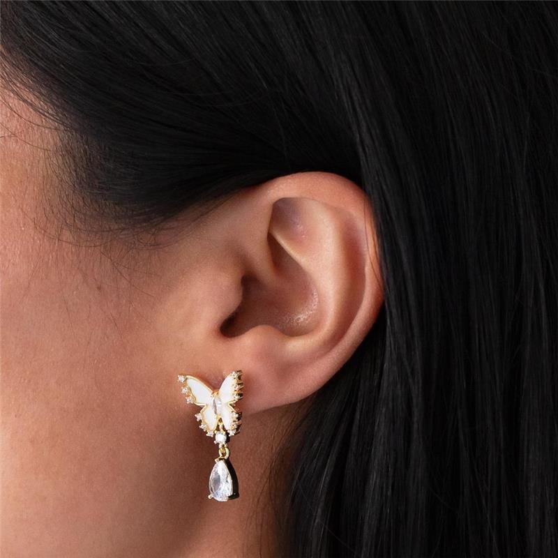 BRINCO FOLHEADO BORBOLETA CRAVEJADA PEDRA GOTA