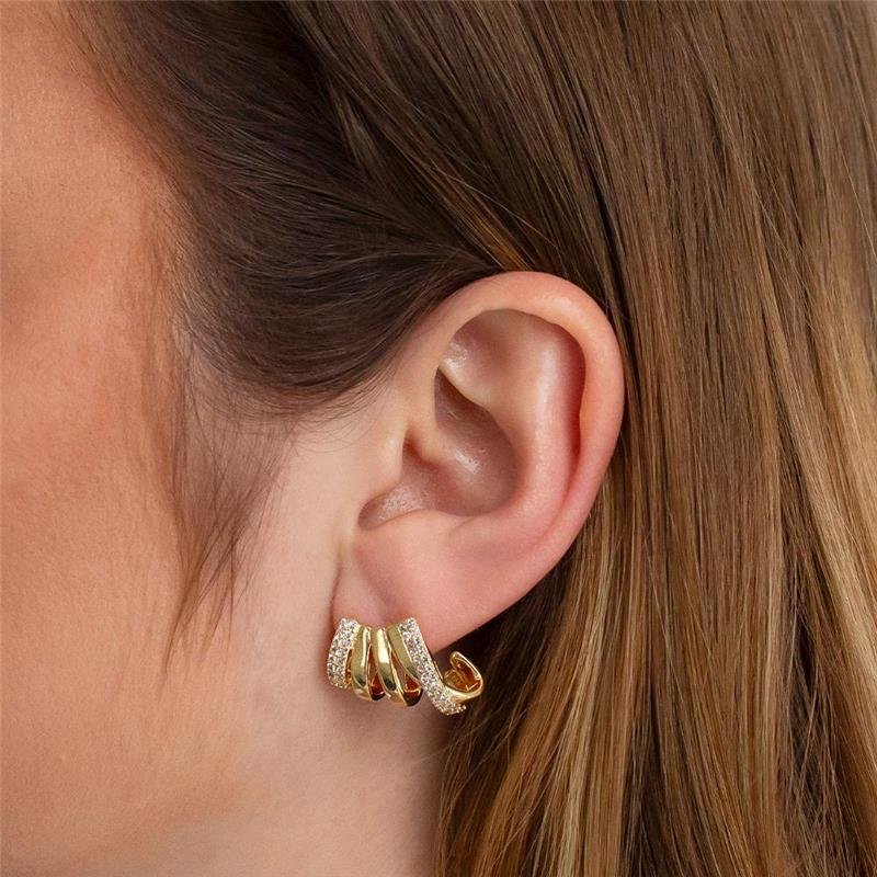 BRINCO FOLHEADO ZIRCÔNIA AROS ESPIRAL CRAVEJADOS