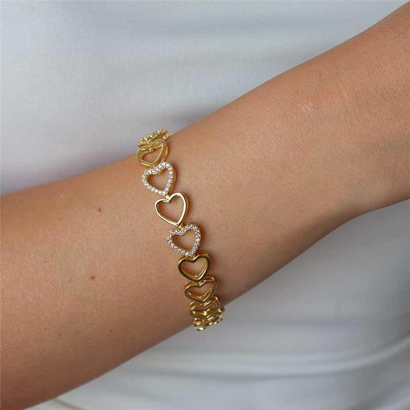 PULSEIRA FOLHEADA CORAÇÕES CRAVEJADOS