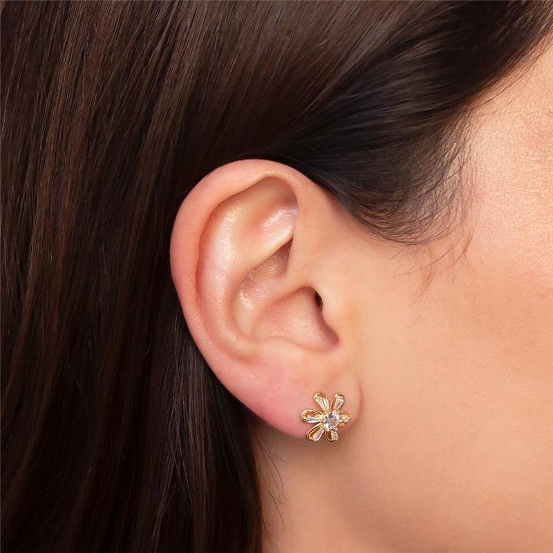 BRINCO FOLHEADO FLOR ZIRCÔNIA BAGUETE