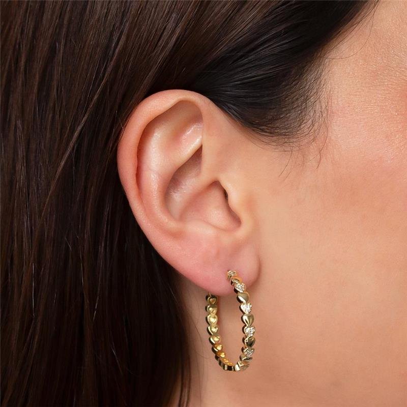 ARGOLA FOLHEADA CORAÇÕES CRAVEJADOS E LISOS