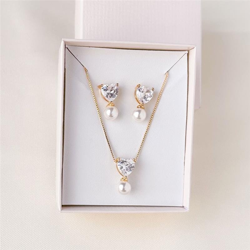 CONJUNTO FOLHEADO CORAÇÃO PONTO DE LUZ E PÉROLA - 45 CM 