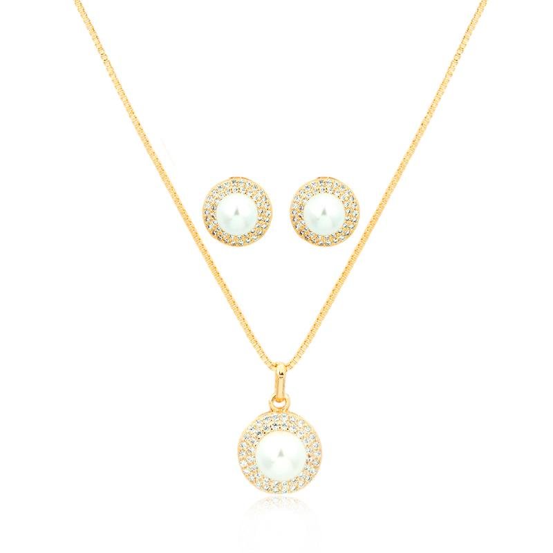 CONJUNTO FOLHEADO PÉROLA ZIRCÔNIA