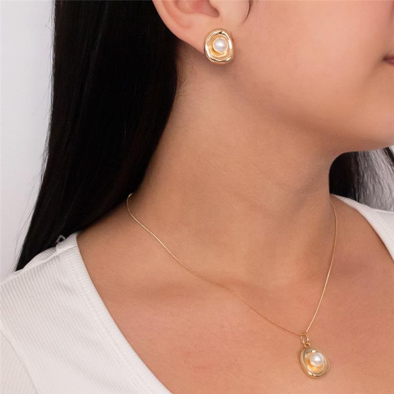 CONJUNTO FOLHEADO PLACA COM PÉROLA - 45 CM 