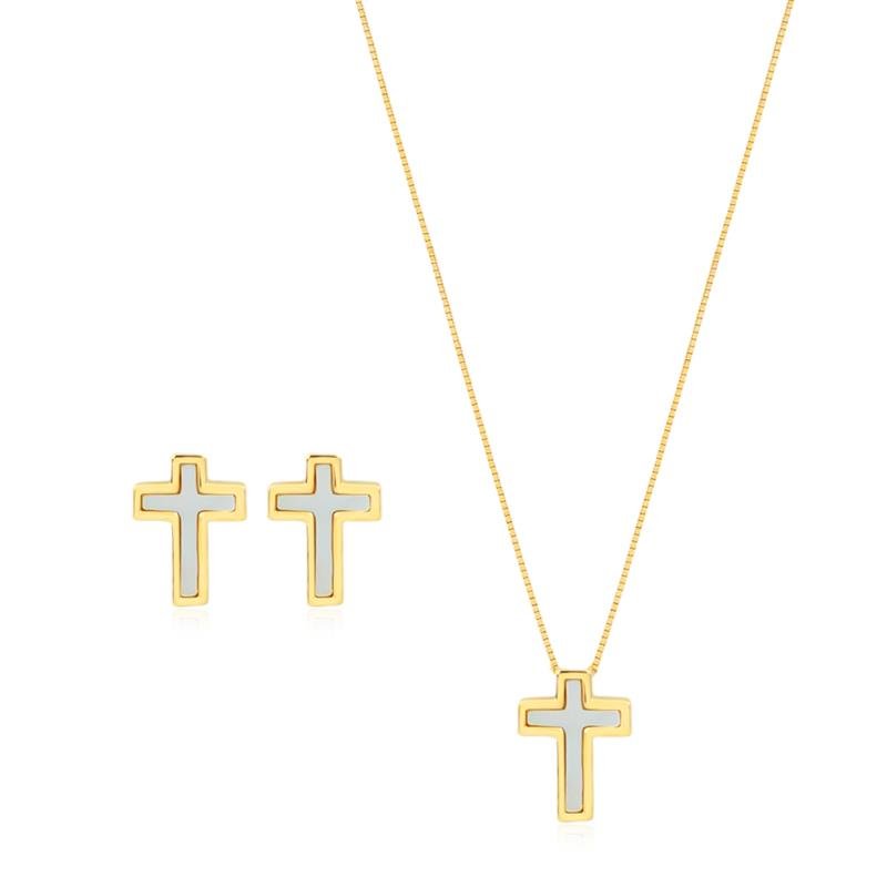 CONJUNTO FOLHEADO CRUZ COM MADRE PÉROLA - 45 CM 