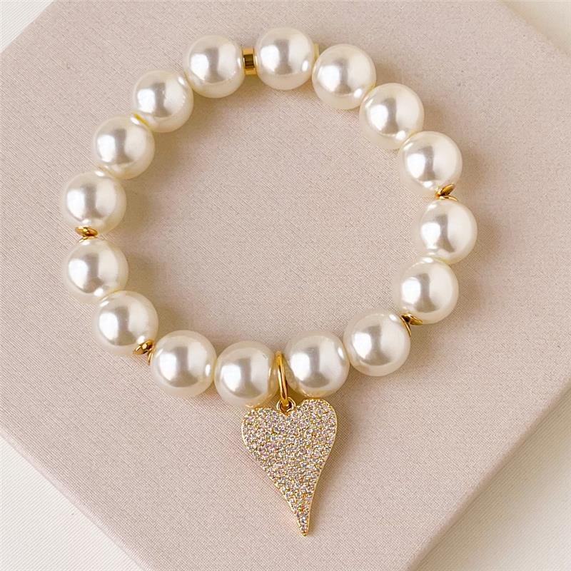 PULSEIRA FOLHEADA PÉROLA CORAÇÃO ZIRCÔNIA E 18 CM