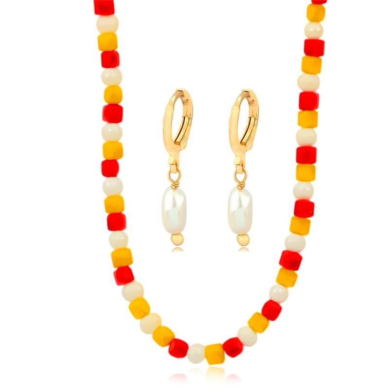 CONJUNTO FOLHEADO PÉROLA E MIÇANGA COLORIDA