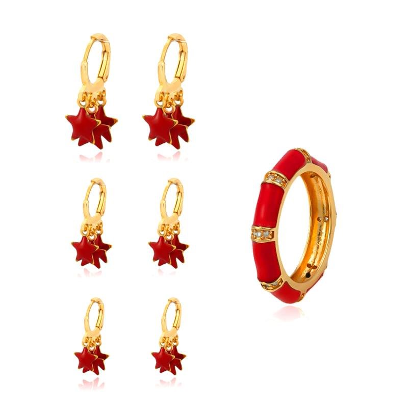 CONJUNTO FOLHEADO TRIO DE ARGOLAS E ANEL VERMELHO