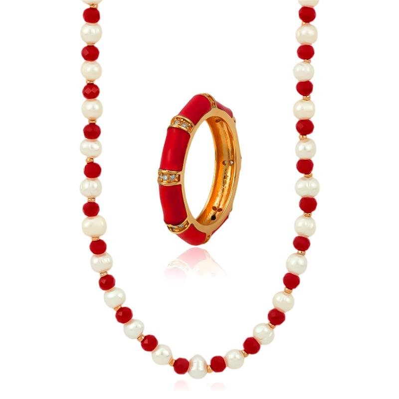 CONJUNTO FOLHEADO ANEL E GARGANTILHA VERMELHO E PÉROLA