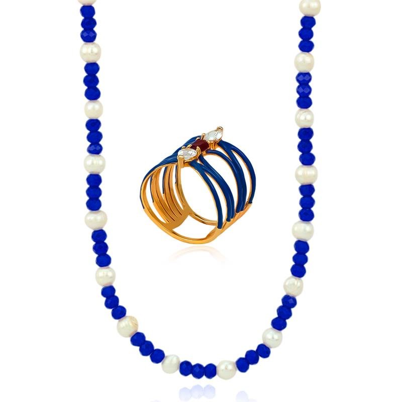 CONJUNTO FOLHEADO ANEL E GARGANTILHA AZUL E PÉROLA