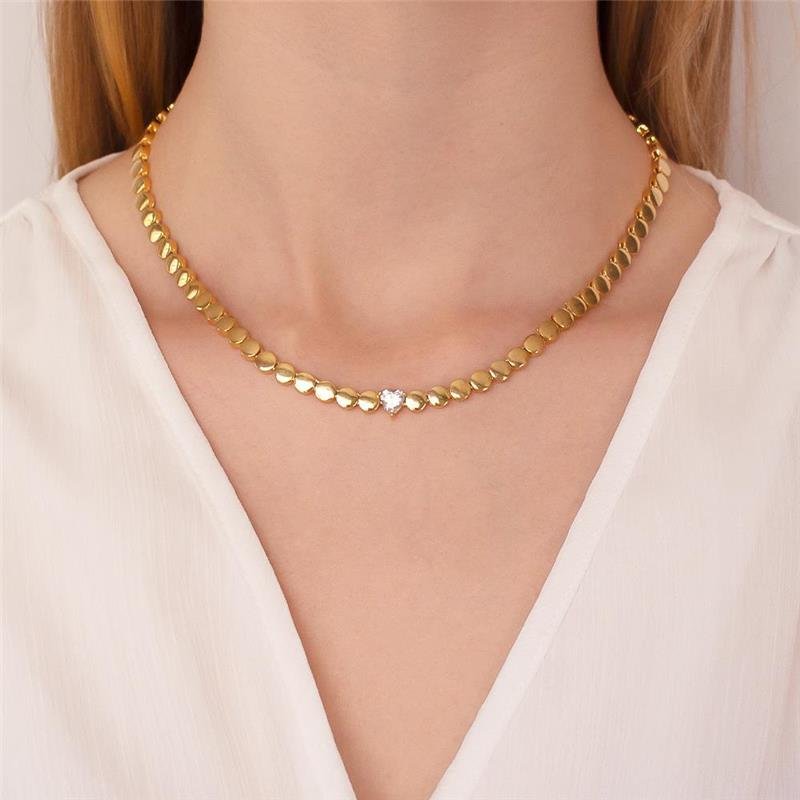 GARGANTILHA FOLHEADA REDONDO COM PONTO DE LUZ CORAÇÃO - 38CM