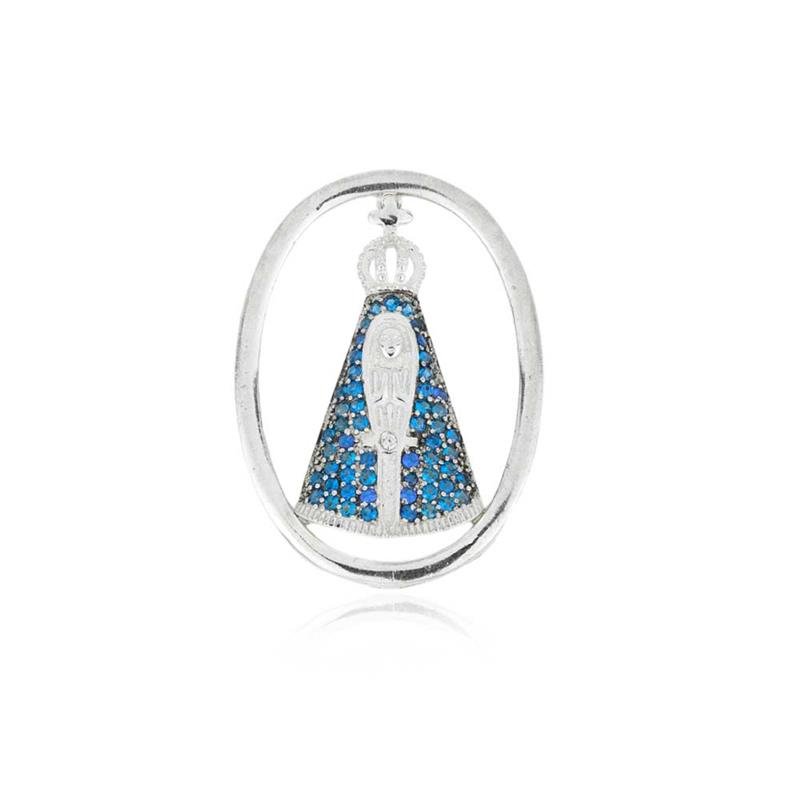 PINGENTE EM PRATA NOSSA SENHORA APARECIDA ZIRCÔNIA AZUL