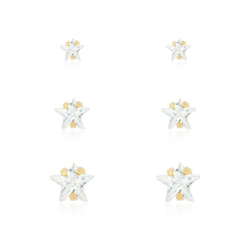 TRIO DE BRINCO FOLHEADO ESTRELA PONTO DE LUZ 