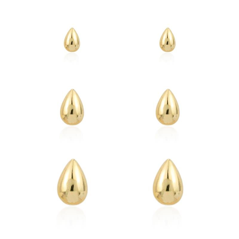 TRIO DE BRINCOS FOLHEADO GOTAS LISO 