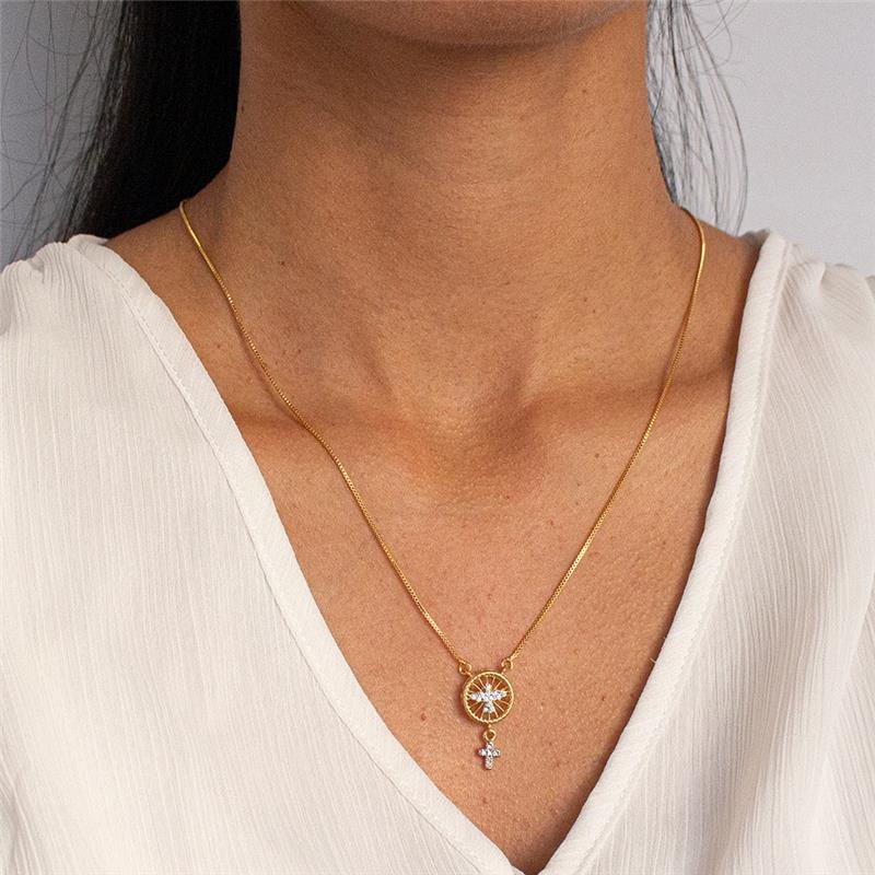 ESCAPULÁRIO FOLHEADO ESPIRITO SANTO COM CRUZ CRAVEJADOS E MEDALHA