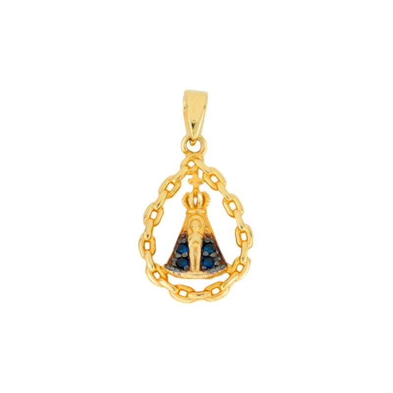 PINGENTE FOLHEADO NOSSA SENHORA APARECIDA DETALHES ZIRCÔNIA AZUL
