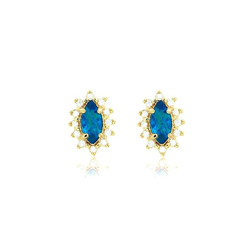 BRINCO FOLHEADO COM ZIRCÔNIA AZUL CRAVEJADO 