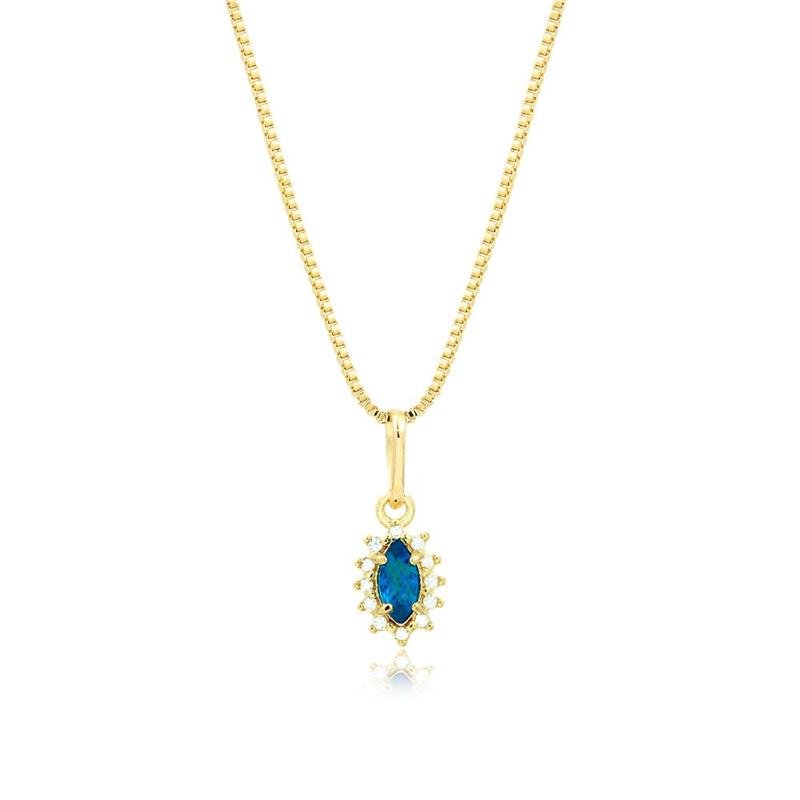 GARGANTILHA FOLHEADA COM ZIRCÔNIA COLORIDA AZUL 