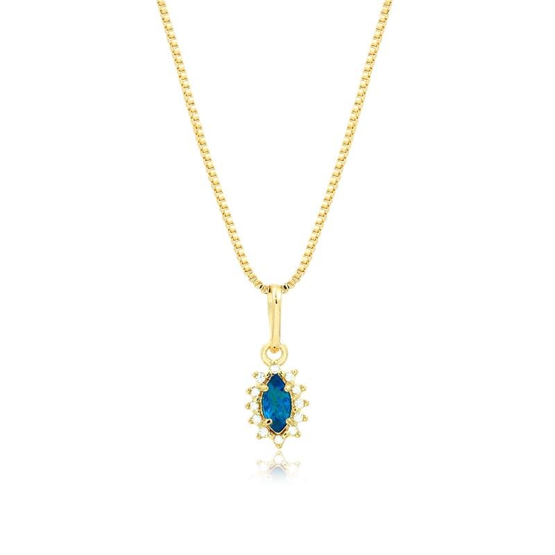 GARGANTILHA FOLHEADA COM ZIRCÔNIA COLORIDA AZUL 