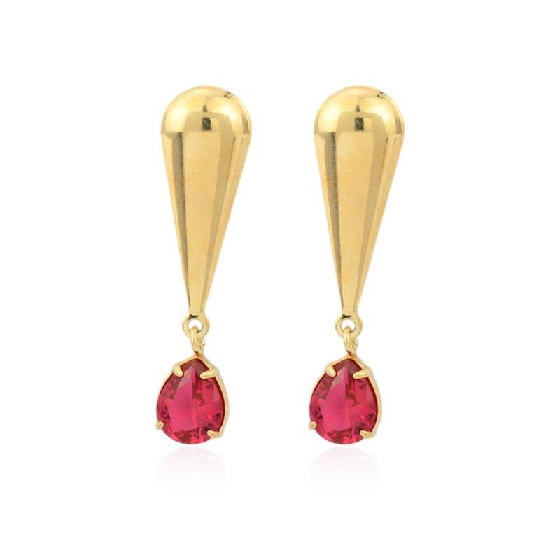 BRINCO FOLHEADO PEDRA GOTA ROSA