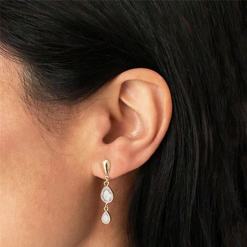 BRINCO FOLHEADO GOTA DUPLA ZIRCÔNIA 