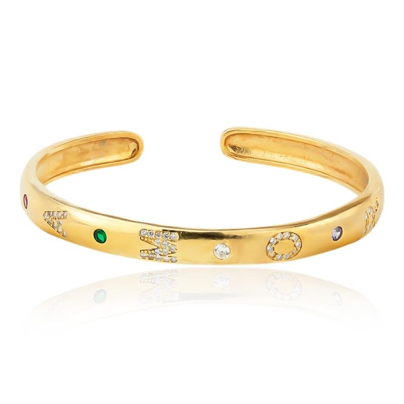 BRACELETE FOLHEADO AMOR CRAVEJADO PEDRAS COLORIDAS