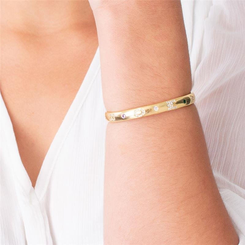 BRACELETE FOLHEADO AMOR CRAVEJADO PEDRAS COLORIDAS