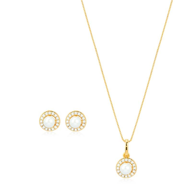 CONJUNTO FOLHEADO PÉROLA COM ZIRCÔNIAS CRAVEJADO - 45 CM 