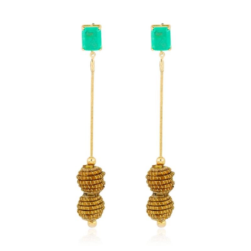 BRINCO FOLHEADO PEDRA COM CAPIM DOURADO 