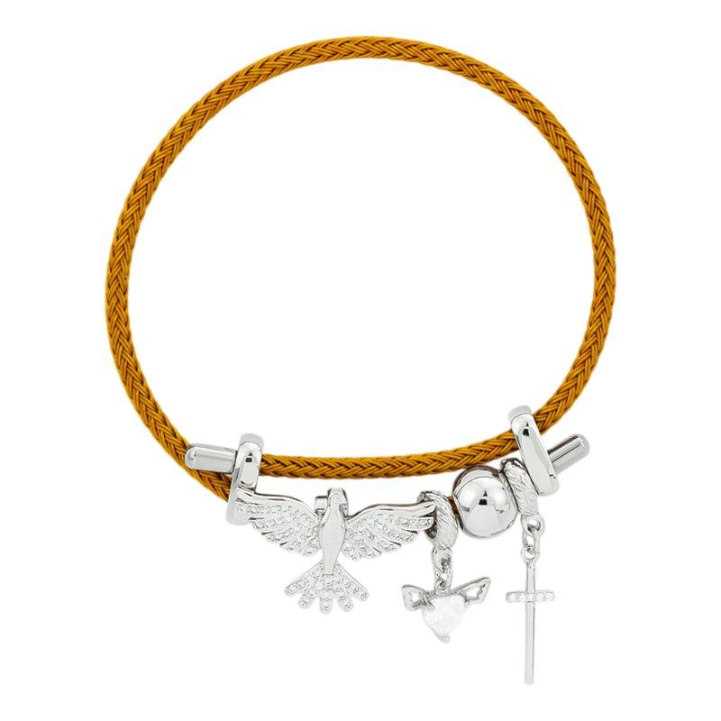PULSEIRA MARROM FOLHEADA RÓDIO BRANCO COM BERLOQUES 