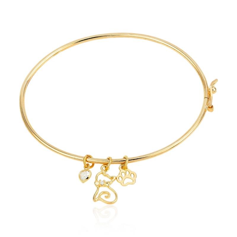 BRACELETE FOLHEADO PINGENTES GATO E PATINHA DE CACHORRO