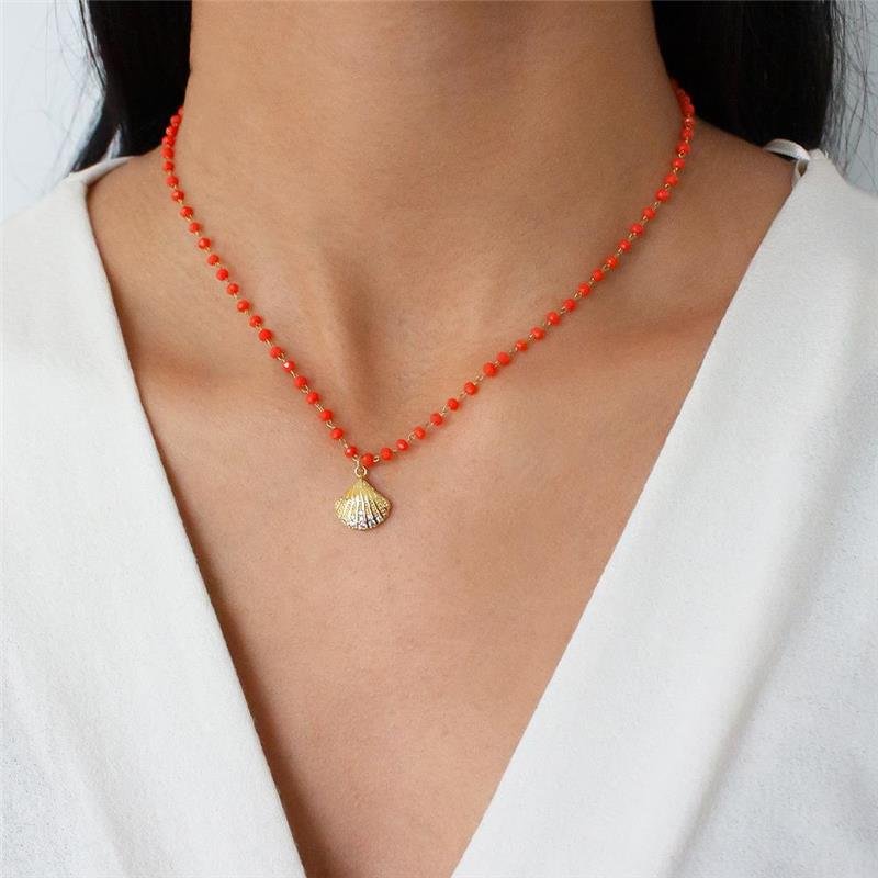 GARGANTILHA FOLHEADA CRISTAIS CONCHA DO MAR CRAVEJADA