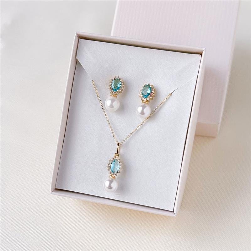 CONJUNTO FOLHEADO PEDRA AZUL E PÉROLA - 45 CM 