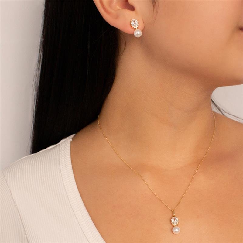 CONJUNTO FOLHEADO PÉROLA E PONTO DE LUZ COM DETALHES CRAVEJADOS - 45 CM 