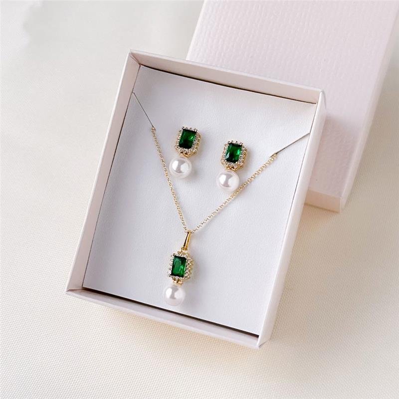  CONJUNTO FOLHEADO PEDRA VERDE E PÉROLA - 45 CM