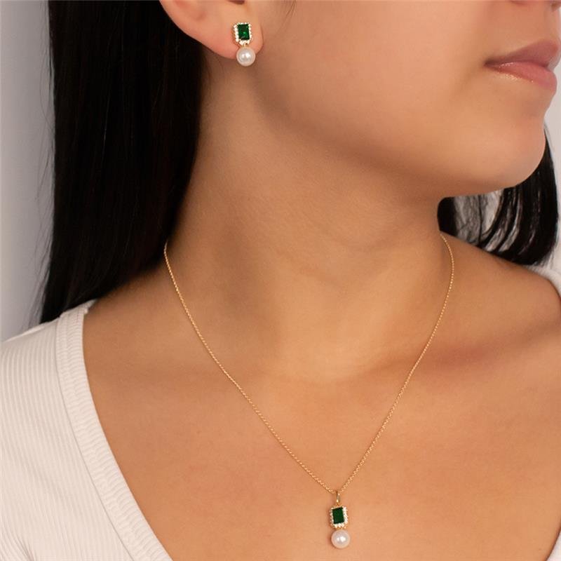  CONJUNTO FOLHEADO PEDRA VERDE E PÉROLA - 45 CM