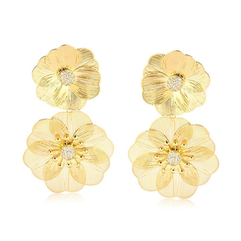 BRINCO FOLHEADO FLOR DUPLA - FLORA 