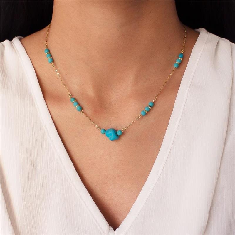 GARGANTILHA FOLHEADA PEDRA TURQUESA - 40CM