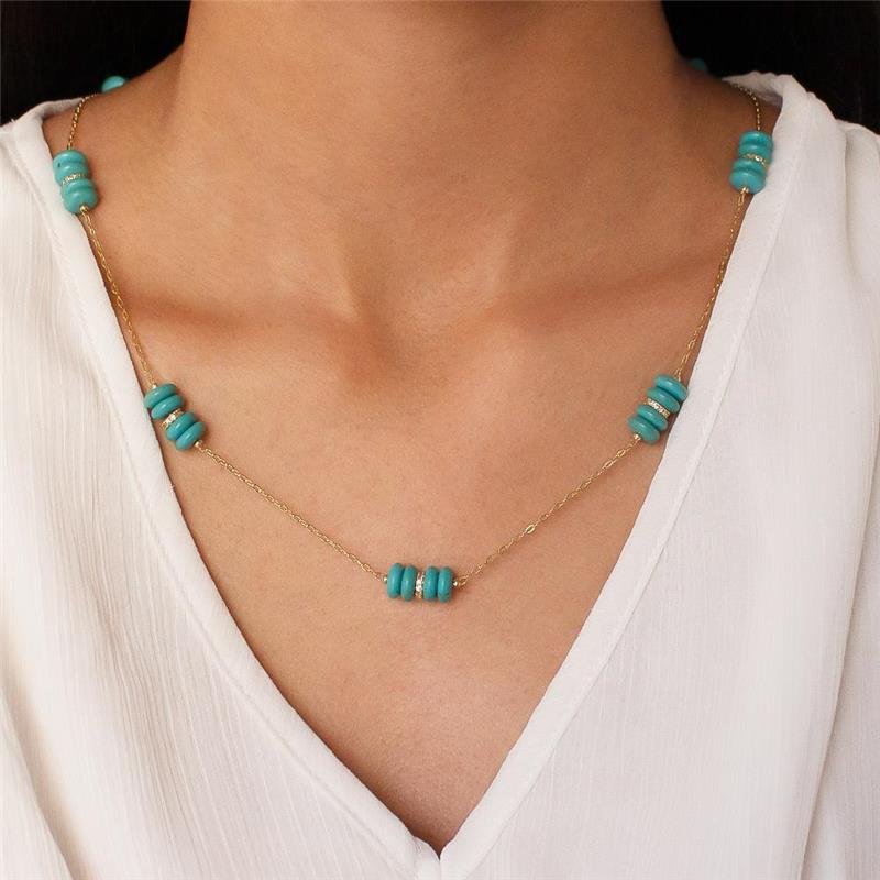 GARGANTILHA FOLHEADA LONGA PEDRA TURQUESA - 70CM