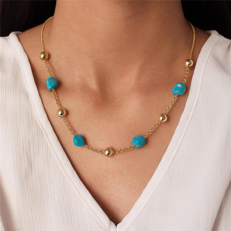 GARGANTILHA FOLHEADA BOLA PEDRA TURQUESA - 47CM